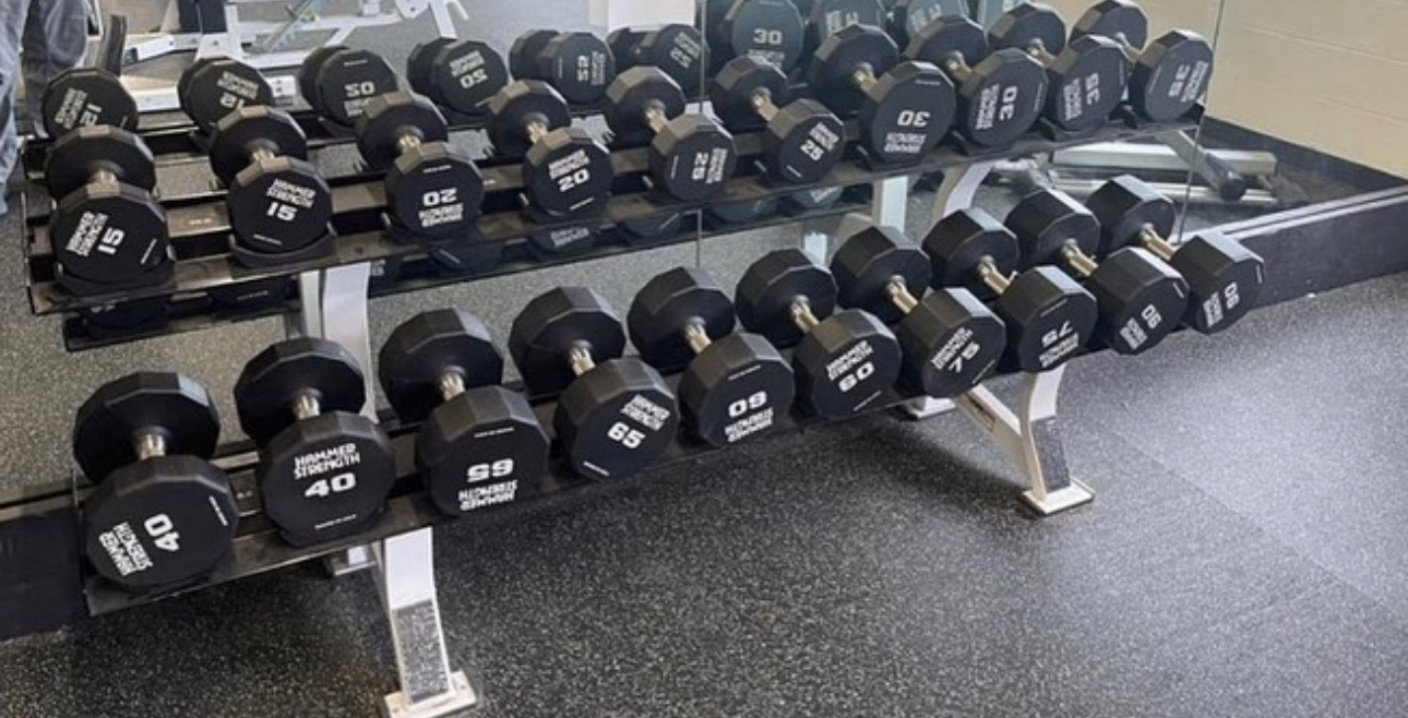 Hammer Strength 12-Sided Urethane Dumbbells With 3 Hammer Racks ...